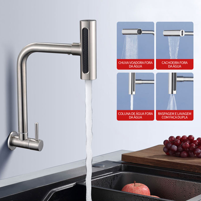Torneira Banheiro De Aço inox 304 Quatro Modos Torneira Gourmet Flexível Cozinha montada na parede Spray Rotação de 360° em Oferta na Shopee