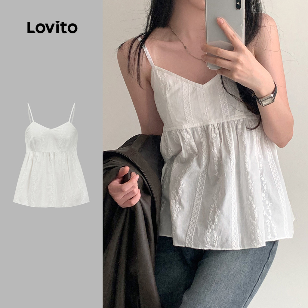 (Hot) Lovito Regata Boho Com Bordado De Ilhó Liso Para Mulheres L89MD095 em Oferta na Shopee
