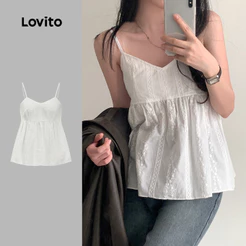 (Hot) Lovito Regata Férias Com Bordado De Ilhó Liso Para Mulheres L89MD095