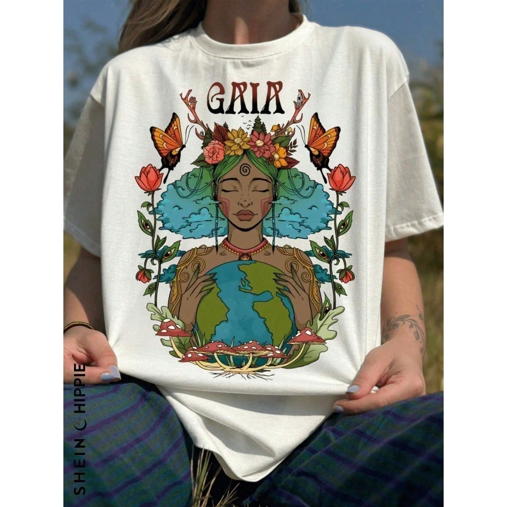 Camiseta Premium em Algodão Puro Camiseta Gaia Borboleta Cor Creme Manga Curta 100% Algodão Estilo Casual Feminina
