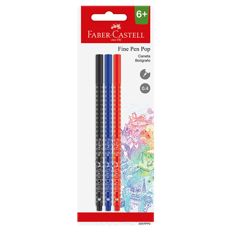 Caneta hidrográfica Fine Pen Pop SM/FPP3 com 3 unidades Faber-Castell - Stationery