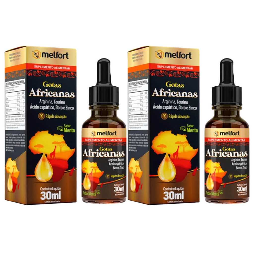 Kit 2x Gotas Africanas Com Arginina Taurina Boro Zinco Em Gotas Rápida Absorção 30ml Melfort