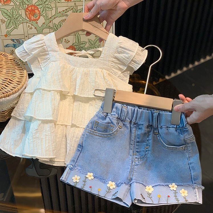 Conjunto de meninas crianças jeans bordados Shorts bebê babados colete saia conjunto de duas peças #Ready Estoque 10.10