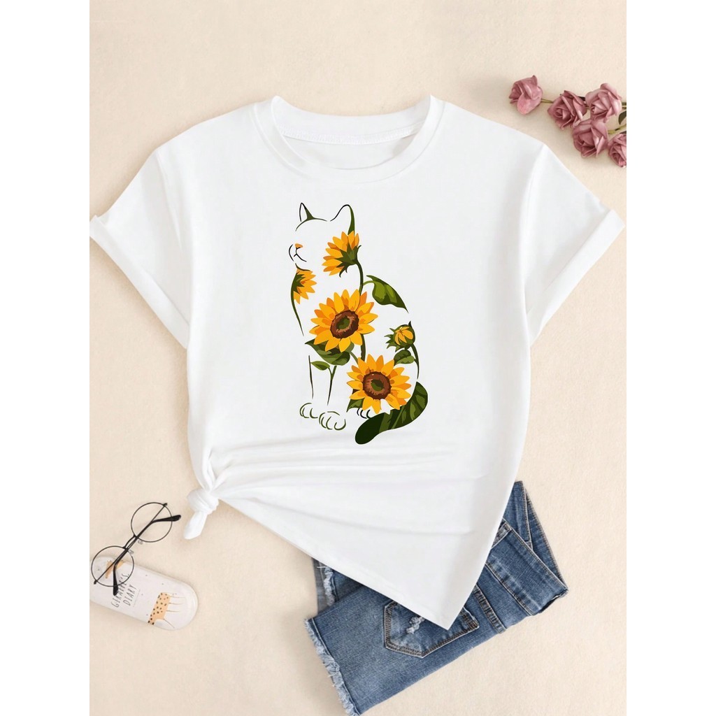 Camiseta Camisa  Estampada com Gato Girassol Flores Primavera 100% Algodão Unissex Lançamento Envio Rápido