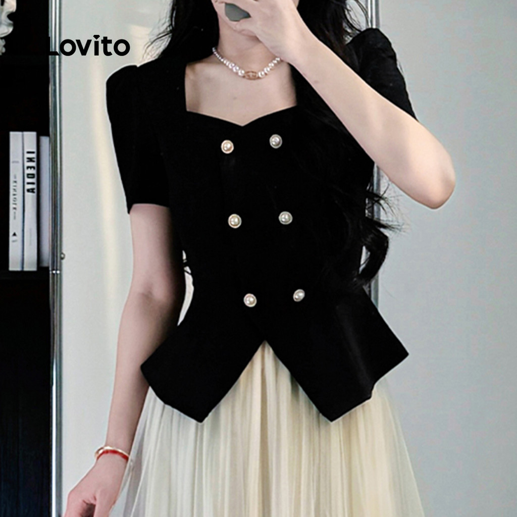 (Trendy) Lovito Blusa Elegante Lisa Botão Duplo Metal Preta L135A2D196 em Oferta na Shopee