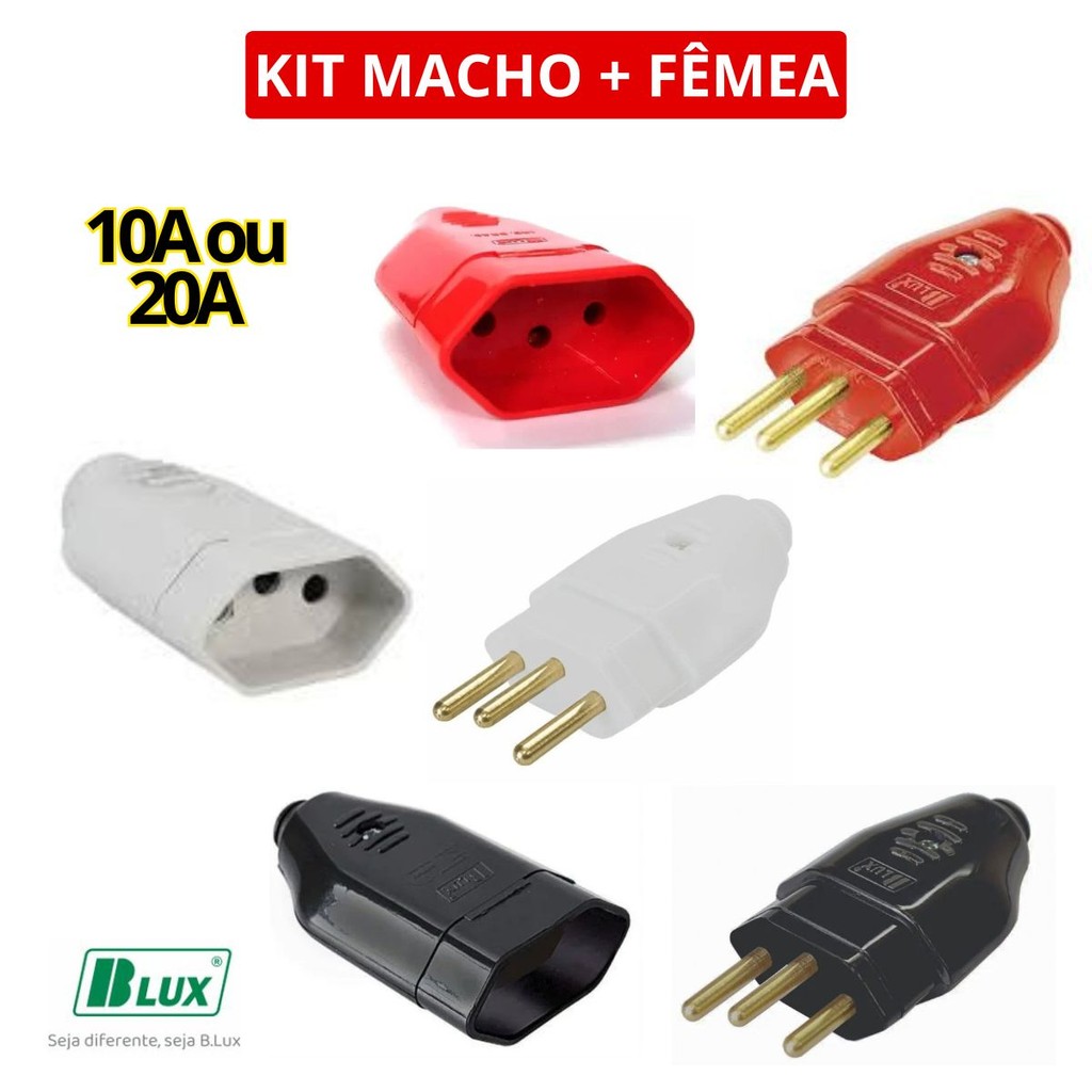 Kit Plugue Macho e Plugue Femea 10a ou 20a 2p+t 3 Pinos Blux Conjunto Para Extensão Vermelho Branco Ou Preto
