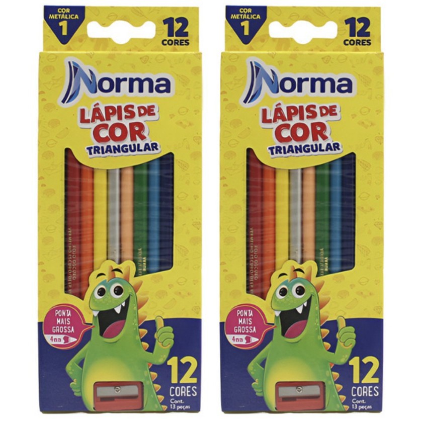 Kit Lápis de Cor Norma 12 Cores Triangular com Apontador Ponta Grossa