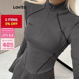 (Trendy) Lovito Camiseta Esportiva Esportiva Com Estrutura Lisa E Zíper Para Mulheres LNL56334 em Oferta na Shopee