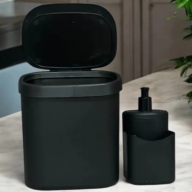 Kit Pia Cozinha Lixeira 3,5 Litros Dispenser Detergente 500 ML Porta Bucha