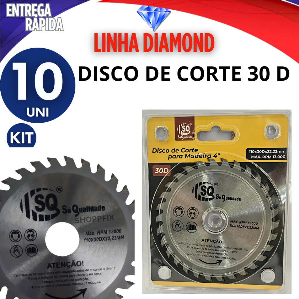 JOGO 10 DISCOS DE CORTE 30 DENTES PARA MADEIRA 4" SERRA CIRCULAR PEDREIRO CONSTRUÇAO