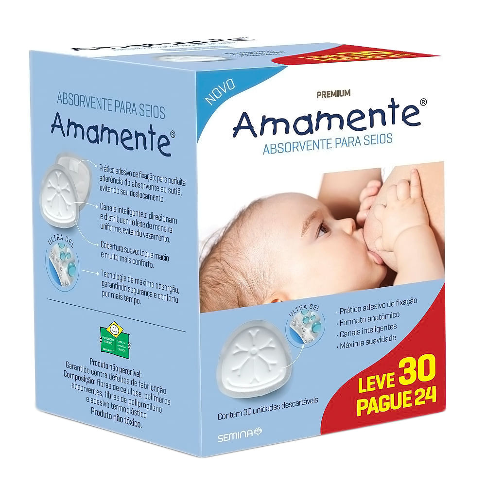 Absorvente para Seios Amamente Leve 30 Pague 24 Unidades - Mom & Baby