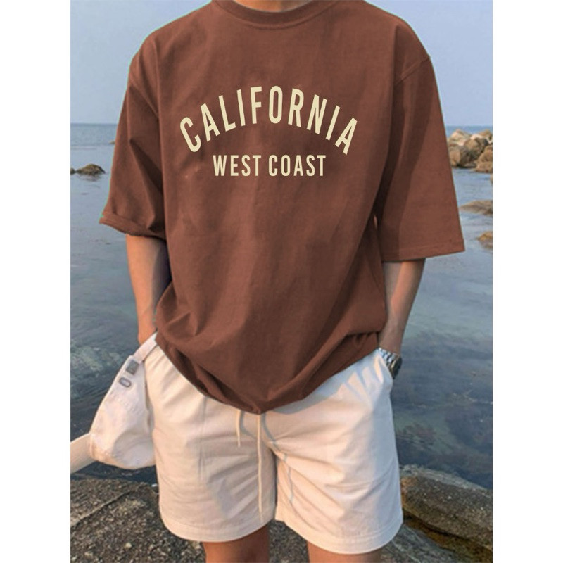 [Camiseta Premium em Algodão Puro]GXG Camiseta Oversized California West Coast Plus Size Basic Streetwear Caqui