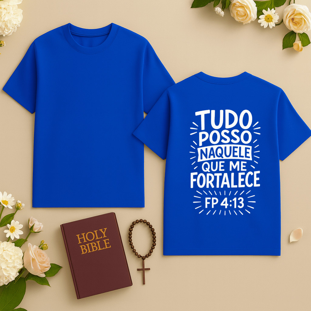 Camiseta camisa catolica plus sise estampada Deus tudo posso naquele que me fortalece