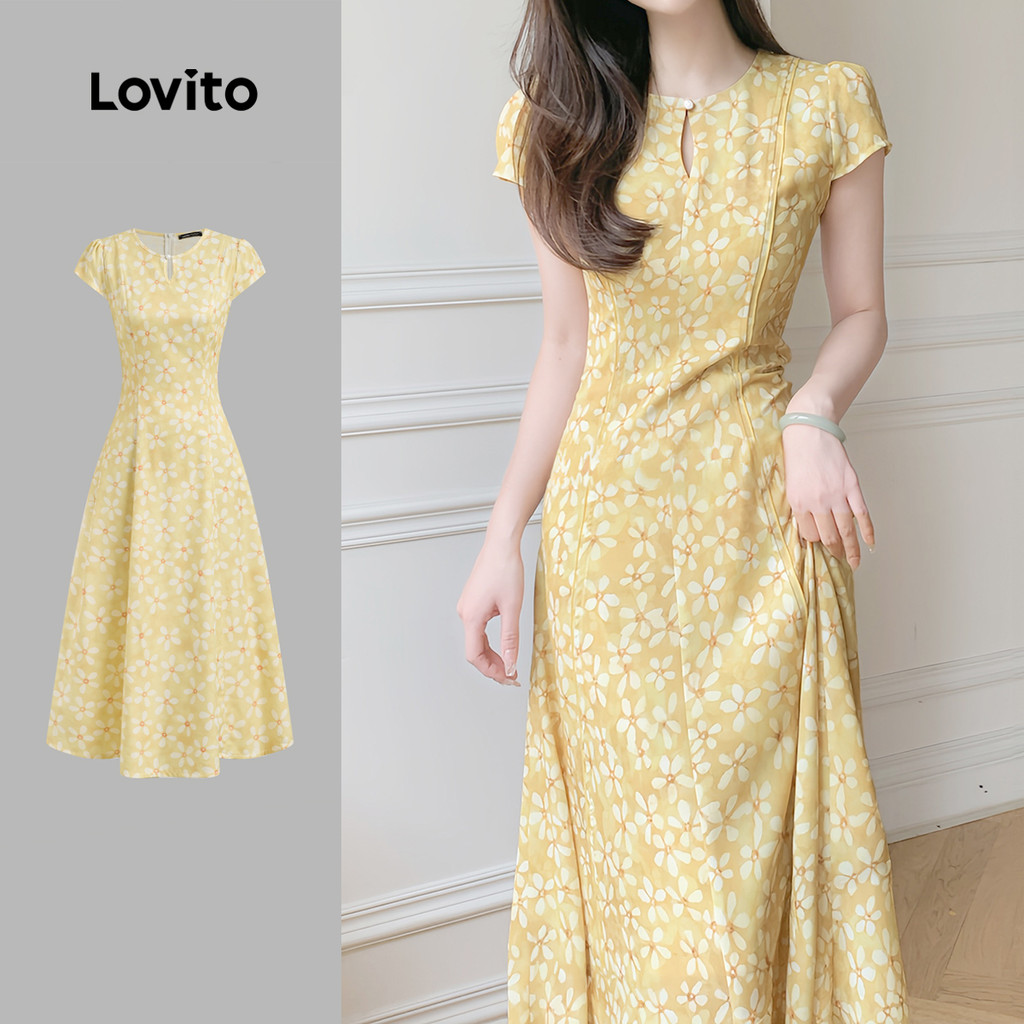 (New) Lovito Vestido Boho Pregueado Primavera/verão Vestido Amarelo para mulheres L142ED048 em Oferta na Shopee
