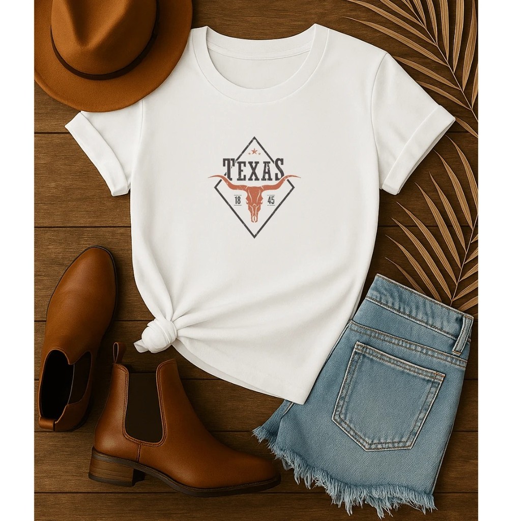 Bonito Camiseta Blusa T-Shirt Feminina Texas Boi 1845 Festa de Pião Moda Country