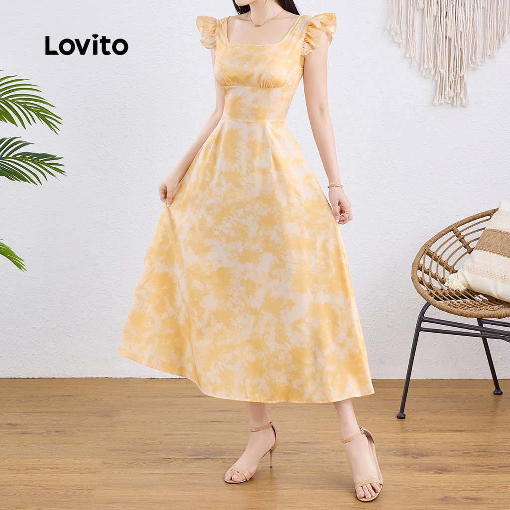 Detalhes do Lovito Vestido Casual com Babado e Drapeado Verão/primavera Amarelo Feminino Fresco e confortável L138AD987