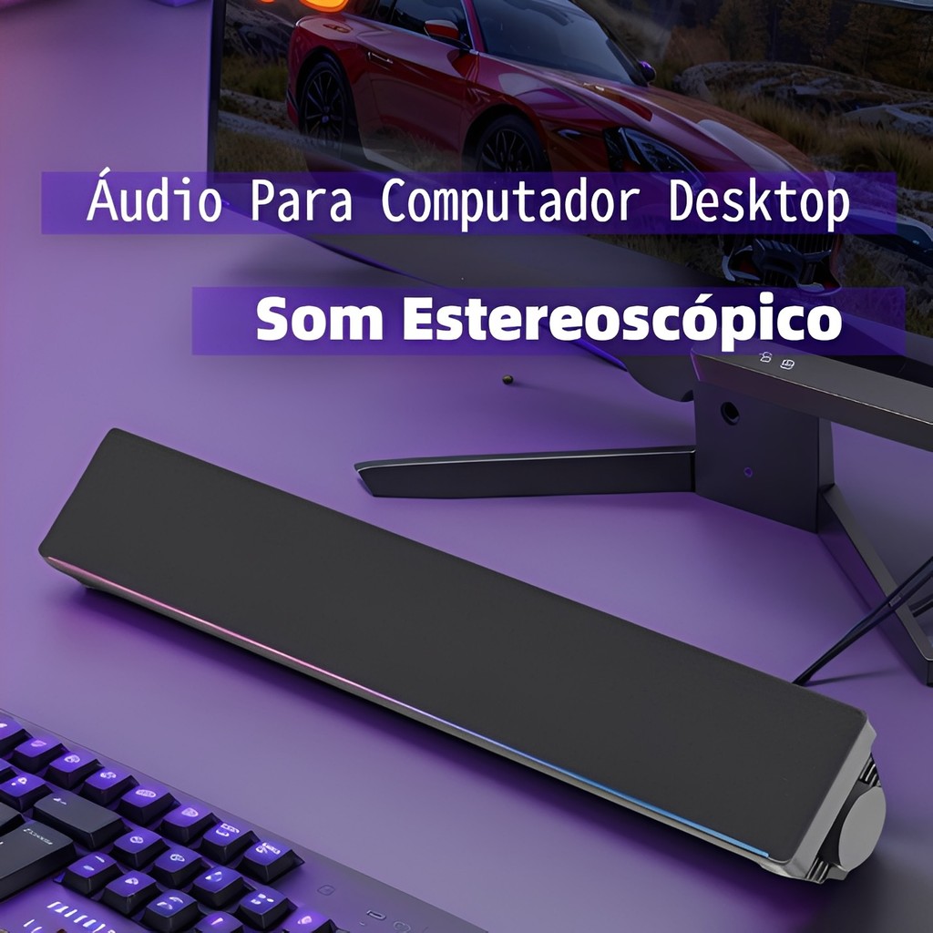 Soundbar Som Potente 14W LED Iluminado Plug&Play USB Controle de Volume Perfeito para PC e Notebook