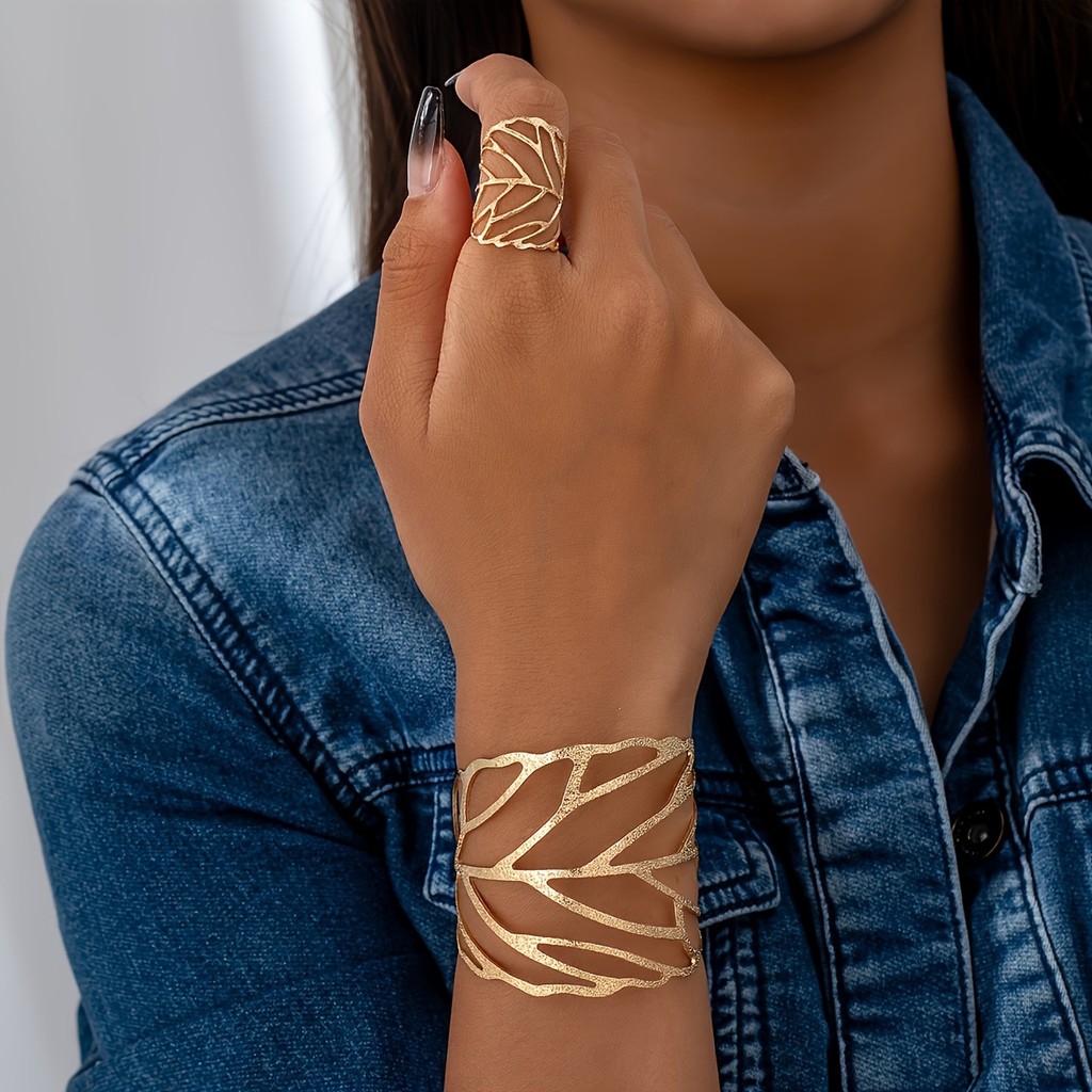 Conjunto De Joias De 2 Peças Com Padrão De Folha Vintage-Pulseira E Anel Aberto , Perfeito Para Decoração Casual
