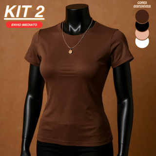 kit 2 Blusas Suplex Manga Básica Feminina Manguinha Premium Qualidade Camiseta em Oferta na Shopee
