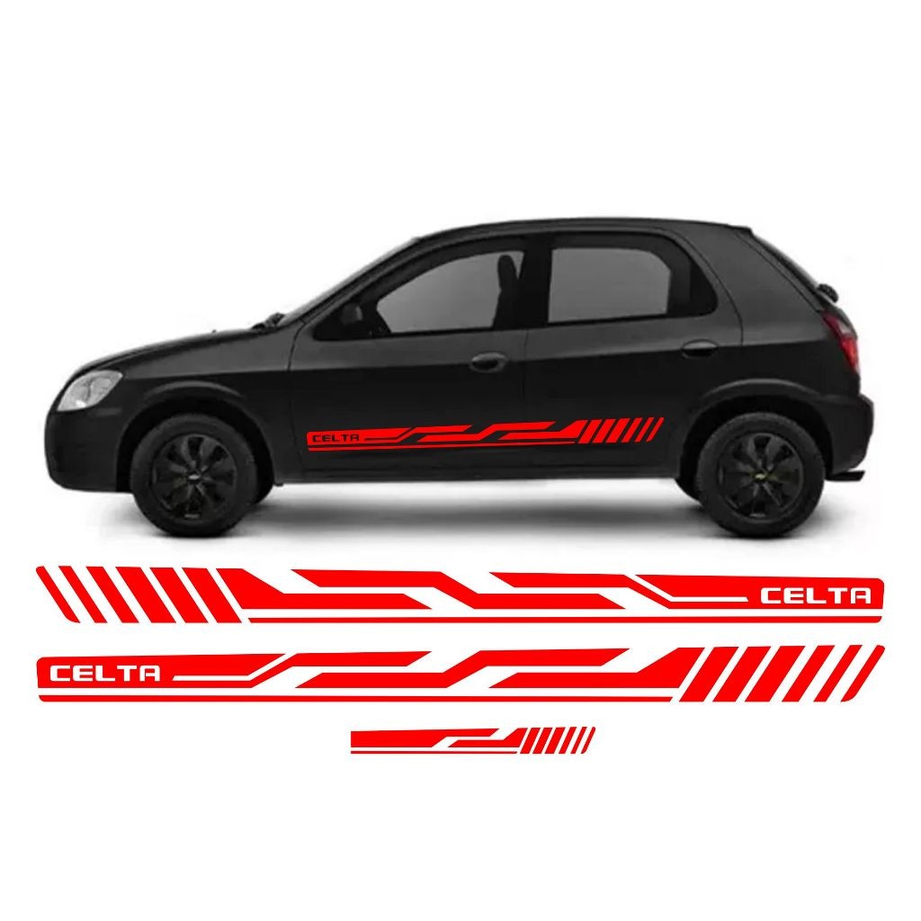 Adesivos Celta Faixa Lateral e Traseira Kit Acessorios Tuning Sport Personalizado Vermelho Ch102