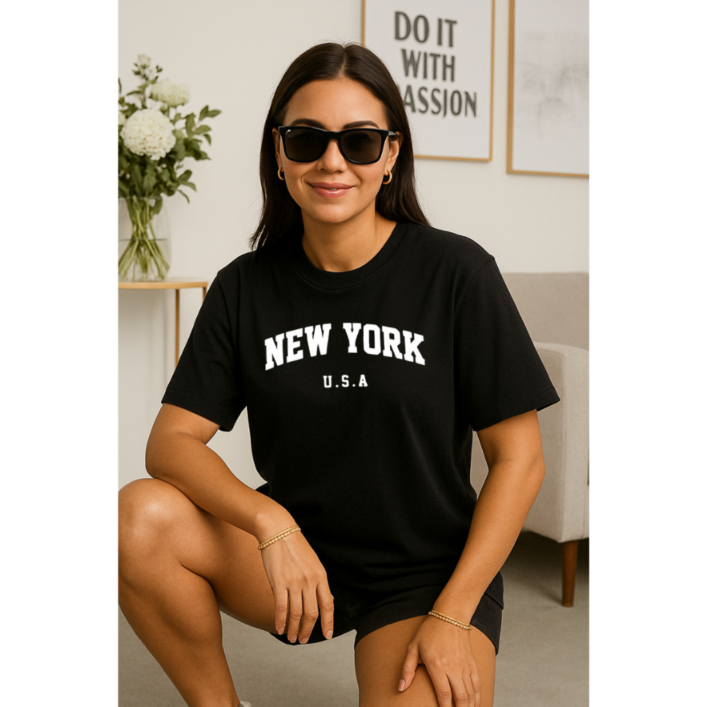 Camiseta Feminina Oversized New York U.S.A Camisa Manga Curta Moda Feminina Blogueira Algodão Estilo Academia