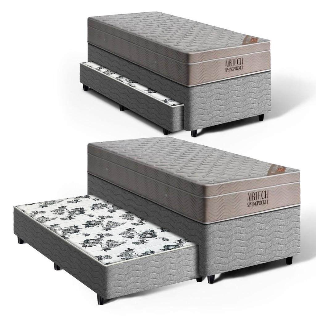 Cama Box Bicama com Colchão de Molas Ensacadas Ortobom AirTech SpringPocket + Auxiliar de Molas Unique Solteiro 88cm - Home & Living