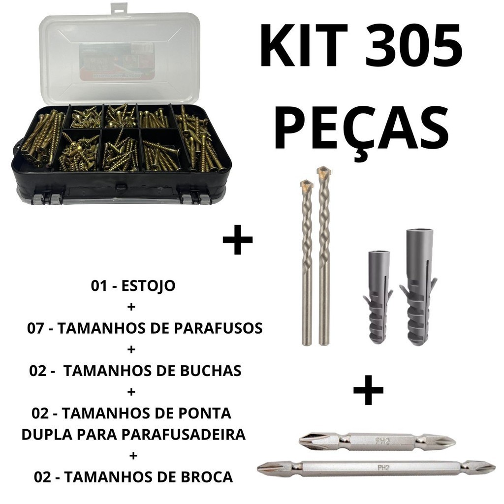 Kit Parafusos Chipboard Philips + Buchas +  Ponta dupla Magnética + Broca + Estojo Organizador (305 peças)