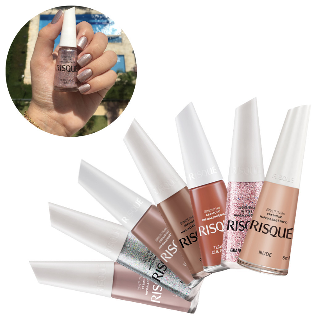 Kit 7 Esmaltes Risque Cores Nude Glitter Tendência Moda Manicure Pedicure