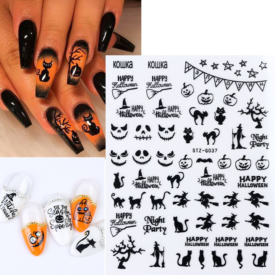 Decalques de Manicure ins Halloween Skull Spider Spider Ghost Eye 3D Adesivos Adesivos de Unhas de Ouro Preto