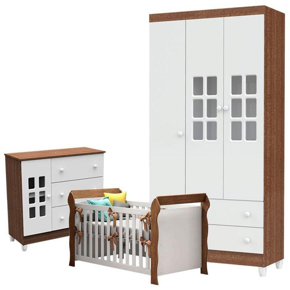 Quarto De Bebê Mariah 3 Portas Com Berço Lara Branco Acetinado Amadeirado - Carolina em Oferta na Shopee