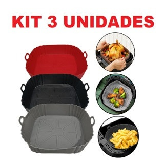 KIT 3 Forma de Silicone Quadrada Antiaderente Assadeira Air Fryer e Forno Forma para Fritadeira Elétrica com Alça