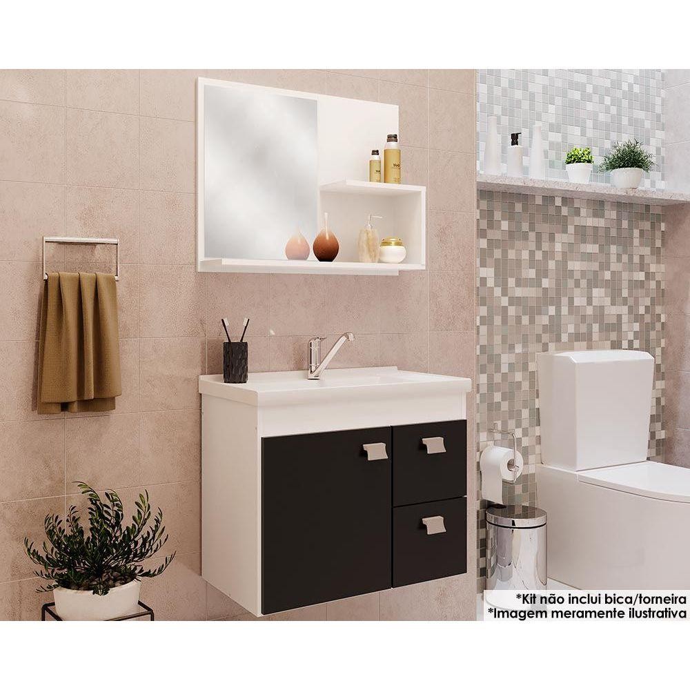 Conjunto de Banheiro Balcão Suspenso c/Cuba 55cm e Armário c/ Espelho Hortência Isa Branco/Preto - MGM - Home & Living