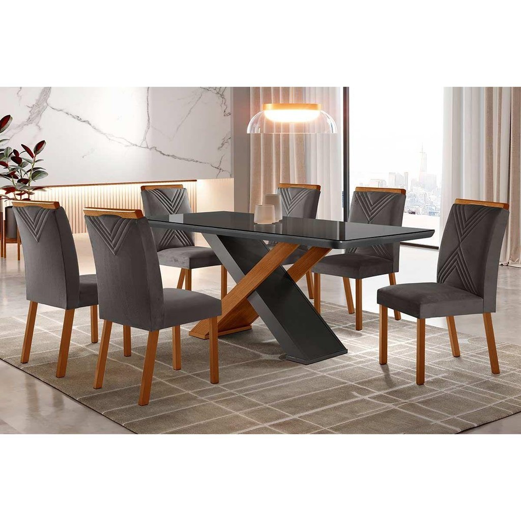 Sala de Jantar Completa Imperatriz Tampo Madeirado c/ Vidro Curvo 180x90 e 6 Cadeiras Amsterdã Imbuia/Veludo Grafite - Rufato - Home & Living