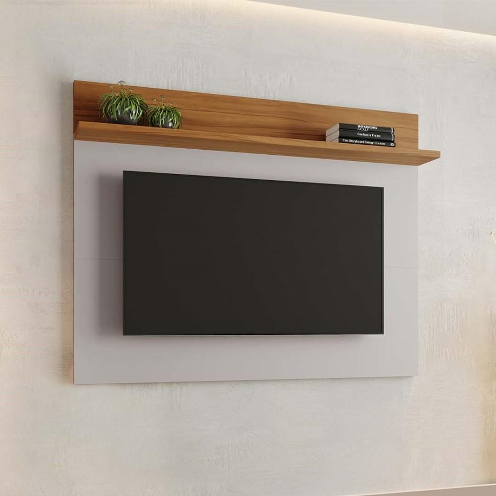 Painel Home Suspenso Para TV Até 50 Polegadas 1 Prateleira Sala de Estar Off White e Marrom Madeira - Home & Living