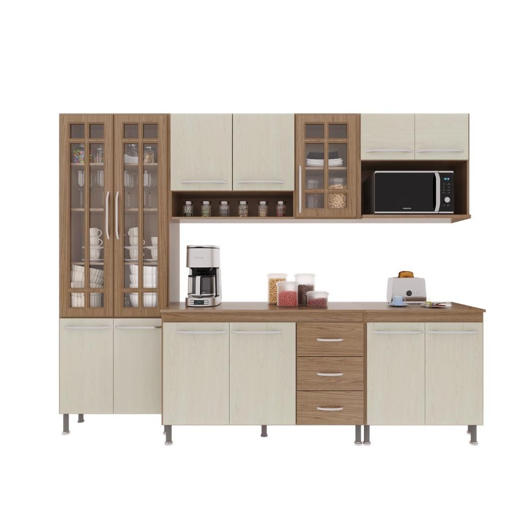 Detalhes do Cozinha Modulada Completa Fidelitá Paris 5 Peças 260cm 13 Portas 3 Gavetas Com Tampo Nogal/Salinas