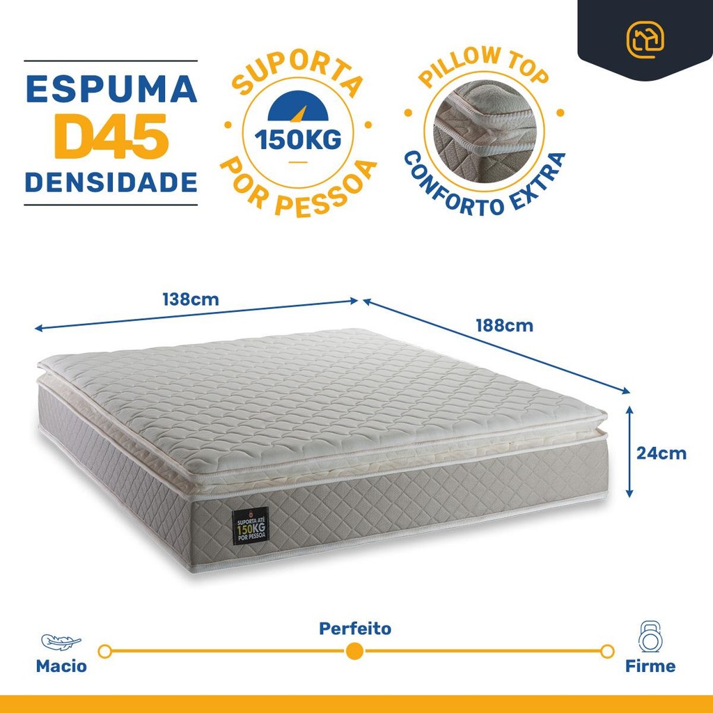 Detalhes do Cama Box Baú + Colchão de Casal Strong D45 One Face 138x188x54cm Branco - Suporta até 150kg por pessoa