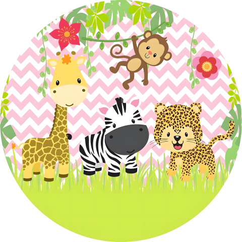 NOVO Painel Festa Infantil Redondo Safari Cute Rosa, Formas Geométrico ao Fundo + Arco, Suporte incluso. Fazemos personalizado com qualquer tema. Confeccionado em Lona fosca, impressão de alta resolução. cenário , p/ Decoração