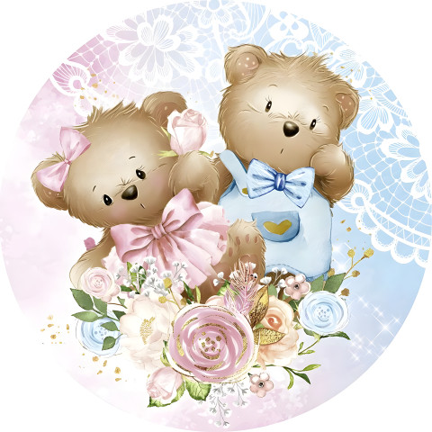 NOVO Painel Festa Infantil Redondo Chá de Revelação dos Ursinhos, Detalhe de renda branca + Arco, Suporte incluso. Fazemos personalizado com qualquer tema. Confeccionado em Lona fosca, impressão de alta resolução. cenário , p/ Decoração