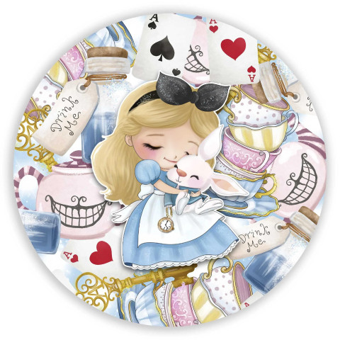 NOVO Painel Festa Infantil Redondo Alice Criança, Fundo Artigos do Filme + arco plástico de alta densidade medindo 78cm de diâmetro. O melhor custo x benefício do Brasil.  Lona com impressão digital de alta qualidade. fixação da lon