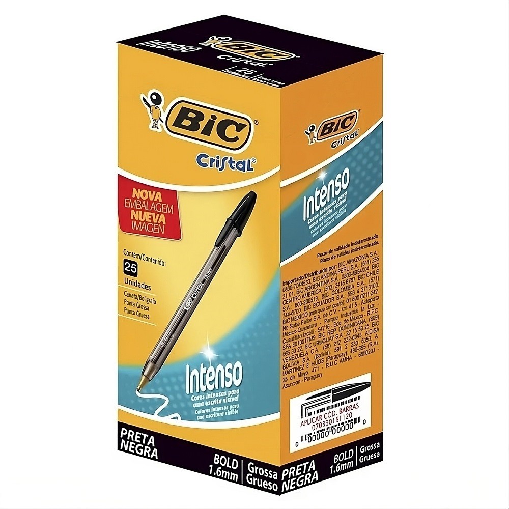 Caneta Preta Cristal 1.6mm BIC Caixa com 25 Unidades
