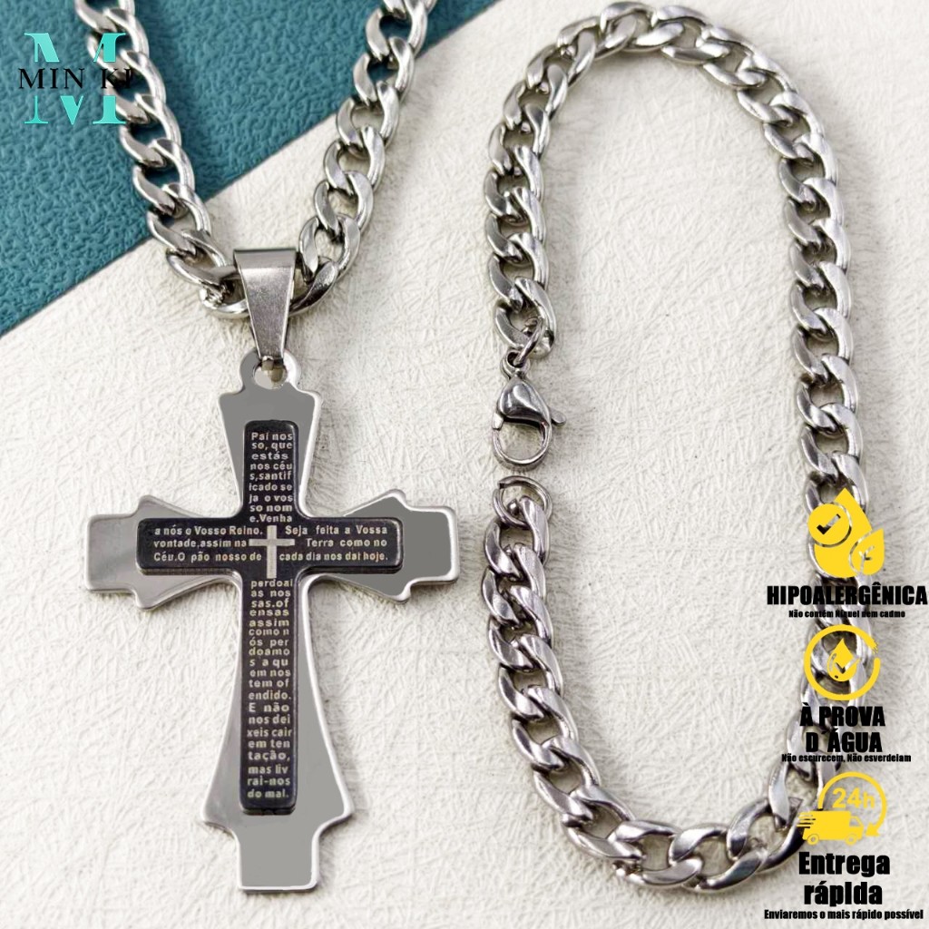Colar Corrente e Pulseira de Masculinos Com Pingente Cruz em Colares Prata Aço Inoxidável 316L 60cm em Oferta na Shopee