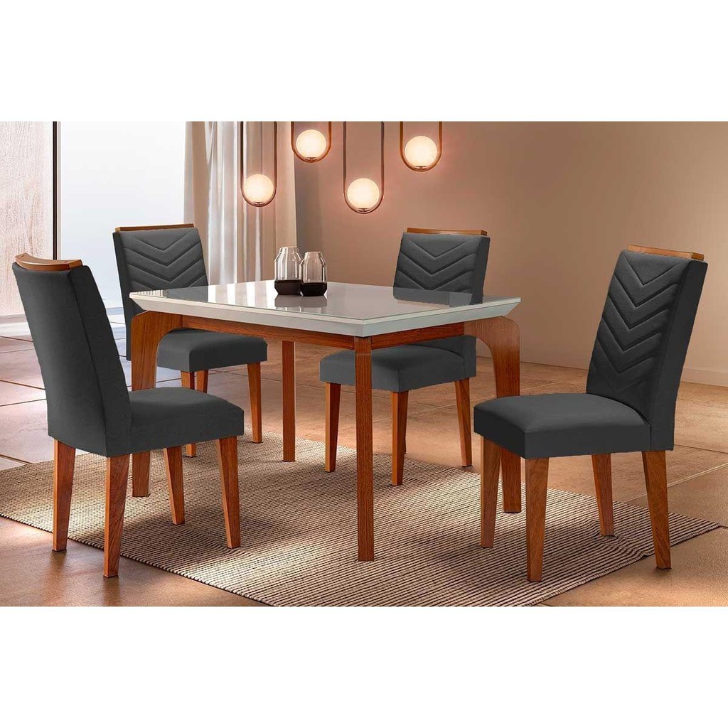 Sala de Jantar Completa Londrina Tampo Madeirado c/ Vidro Curvo 120x80cm e 4 Cadeiras Londrina Imbuia/Off White - Linho Grafite - Rufato em Oferta na Shopee