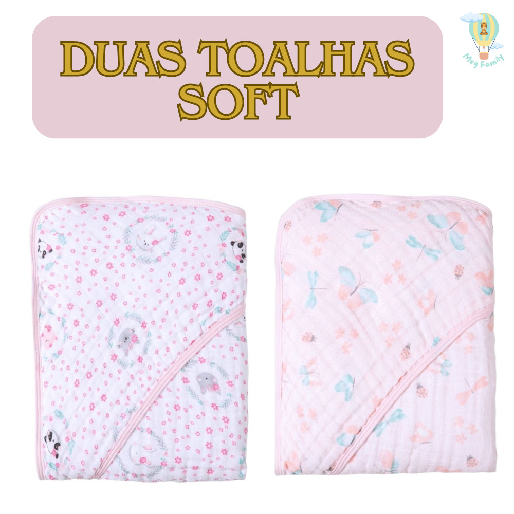 Toalha de Banho Bebê Kit 2 Unidades Tecido Fralda Soft com Capuz 80x80cm Meninos e Meninas