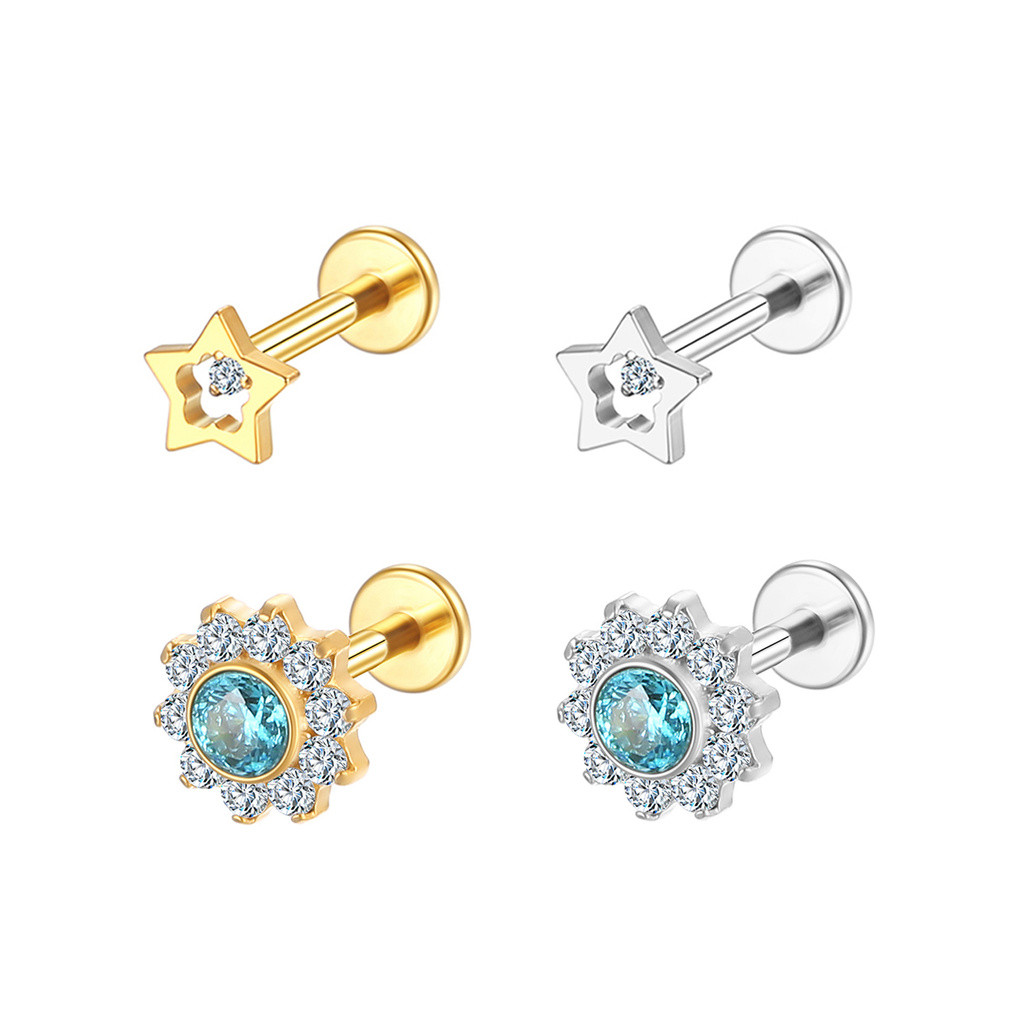 2PCS Kit Piercing Helix Conch Labret Aço Cirúrgico Pvd Flor Zircônia Cravejada