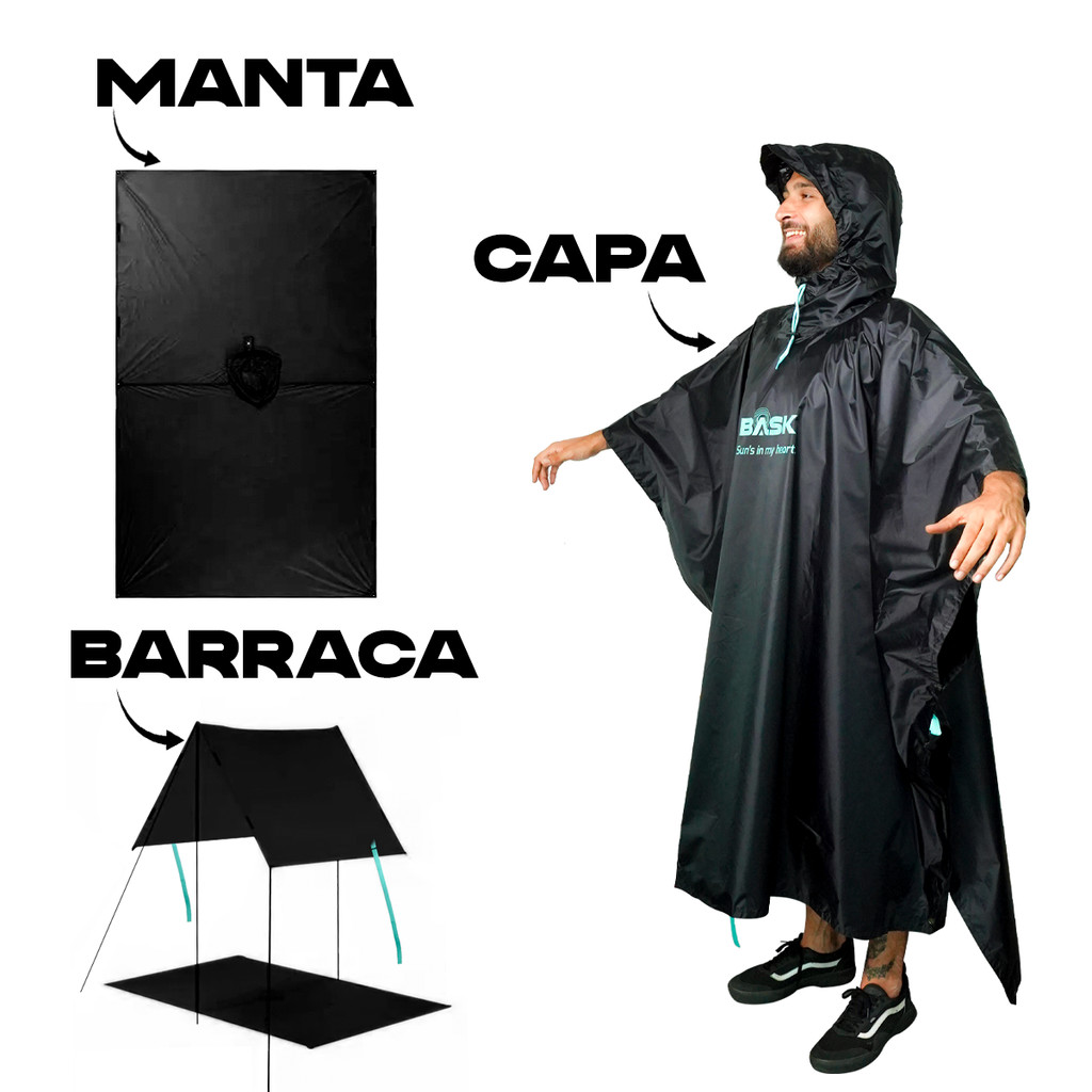 Capa De Chuva Poncho Tapete Térmico Impermeável Barraca 3 em 1 Multiuso Com Capuz Bask