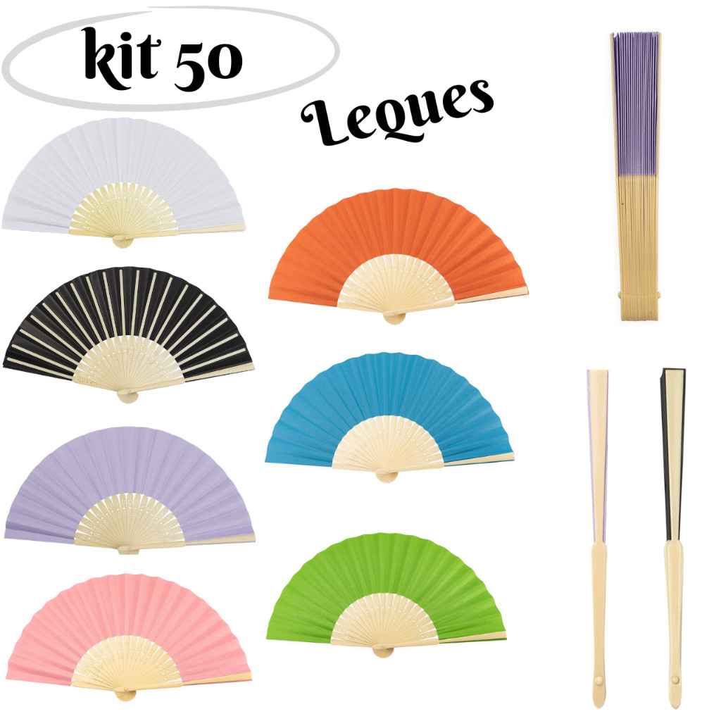 kit 50 Leques de Papel detalhes plástico elegante refrescante leve decorativo brindes