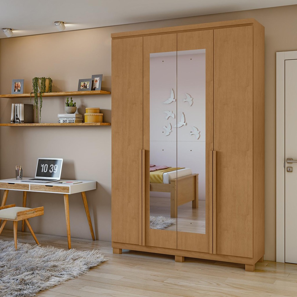 Guarda-Roupa Solteiro 100%MDF Alonzo 4 portas com Espelho e Pés Amendoa Clean em Oferta na Shopee