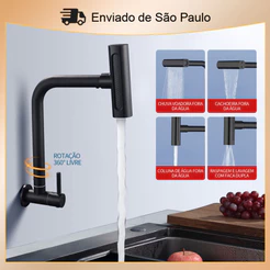 Torneira Cozinha Gourmet montada na parede Misturador Cozinha agua so frio Preto