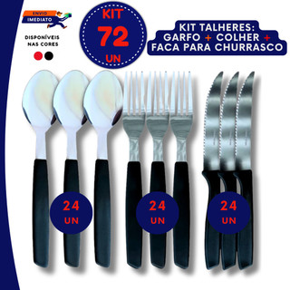 Jogo Talheres Aço Inox Cabo Plástico Leve e Durável 24 36 72 Pçs Preto Vermelho