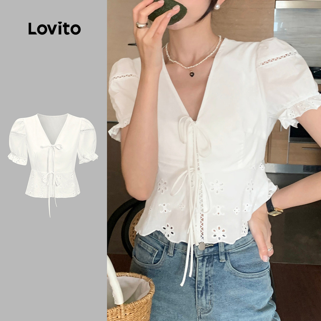 (Hot) Lovito Blusa Boho Verão/Primavera Com Bordado De Ilhós E Renda Para Mulheres L86ED245